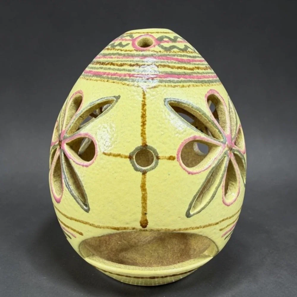 Hand Painted‎ Ceramic Candle Holder Floral Cutout Pottery Luminary Yellow Decor